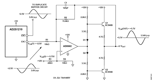 用于 AD2S1210 RDC 参考信号输出的高电流缓冲器（原理示意图，未显示去耦和所有连接）