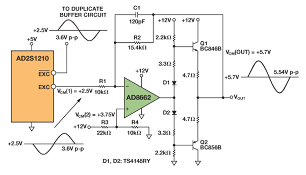 使用运算放大器 AD8662 的高电流参考缓冲器（具有推挽式输出）
