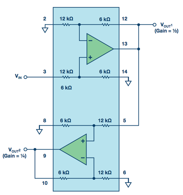 连接精密增益模块以提供½和¼的电压增益