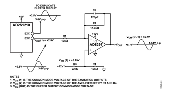 采用AD8397的高电流缓冲器支持AD2S1210 RDC激励信号输出(原理示意图，未显示去耦和所有连接