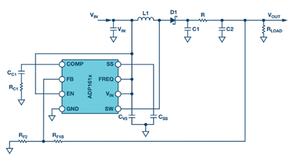 在输出端添加RC滤波器的 ADP161x 低输出电流升压转换器设计