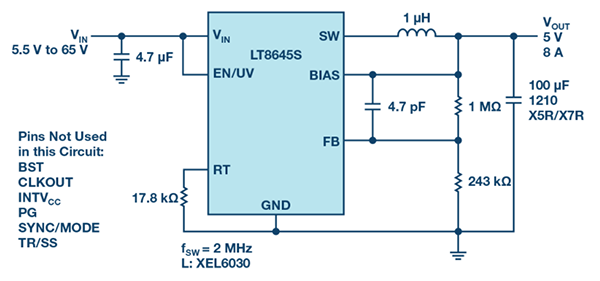 提供5 V、8 A、2 MHz输出的LT8645S原理图